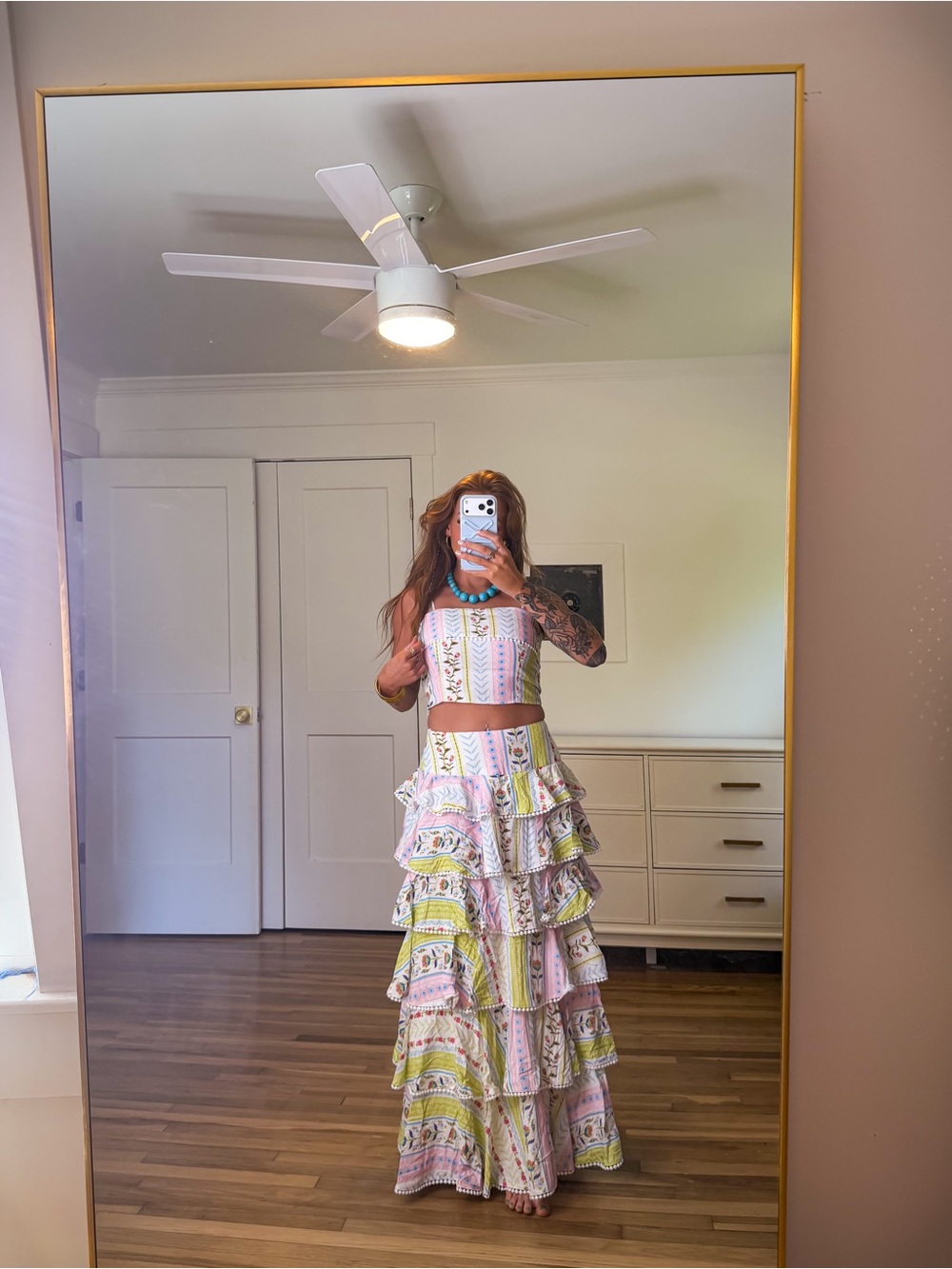 TCEC Pastel Pink and Light Green Tiered Ruffled Skirt Set
